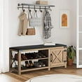Farmhouse Entryway Bench with Seat Cushion Sliding Barn Door Shoe Bench