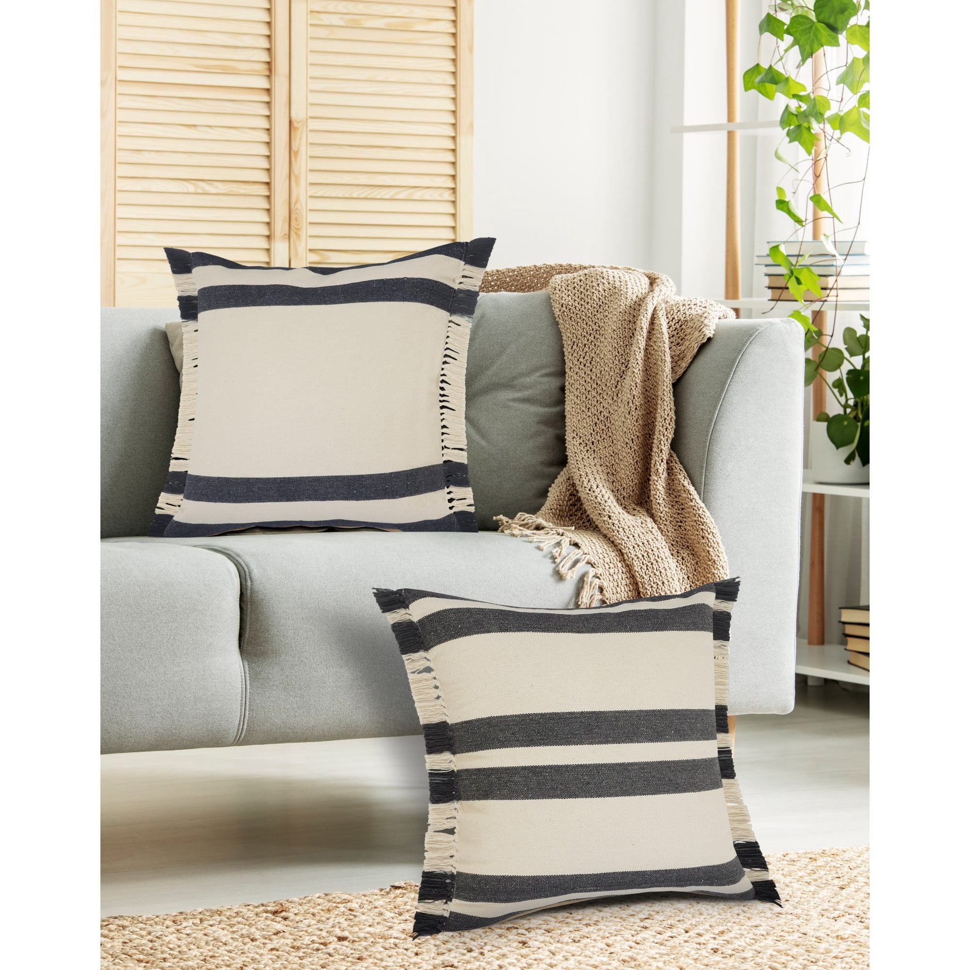 Laddha Home Designs Striped Loomed Square Cotton Throw Pillow Cover - 20" - Gray and White