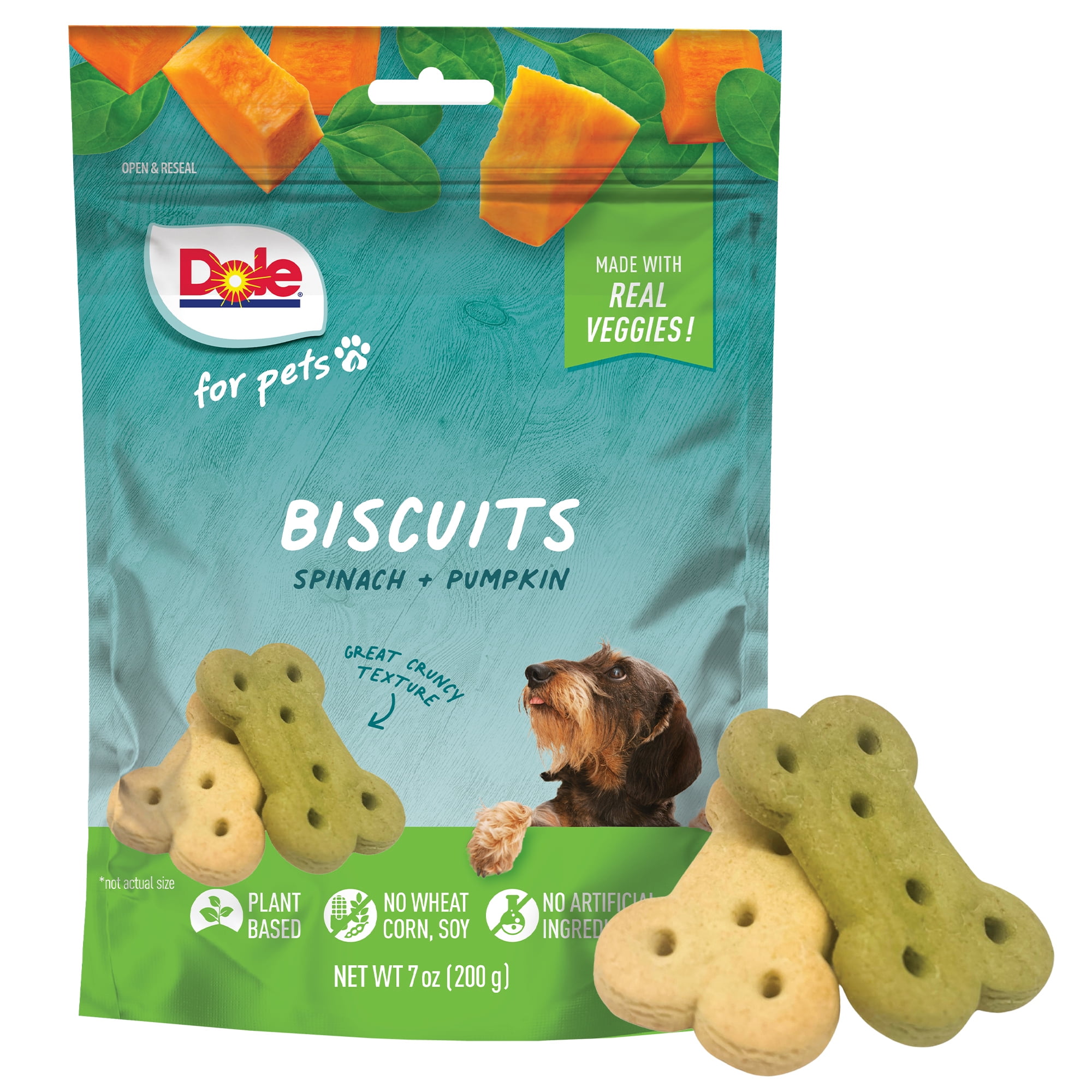 (4 pack) Dole Freshly Fetched Dog Biscuit Treats, Spinach & Pumpkin Flavors, No Wheat, Corn or Soy, 7oz