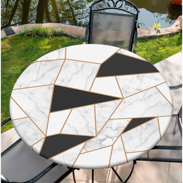 Housse de Table Ronde pour Tables Rondes 36 Pouces-70 Pouces, Nappe Ajustée avec Élastique pour Fête Intérieure Extérieure Vacances, 60 Pouces, Collage de Marbre