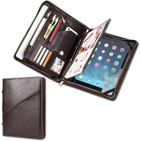Top Grain Leather 12.9" Large Portfolio, Solid Vintage Design, Handmade, Large Capacity Multi-Functional Business Zip Padfolio, Suitable for Cards/Tablet/Phone/A4 Doc, Dark Coffee 12.9 Inch