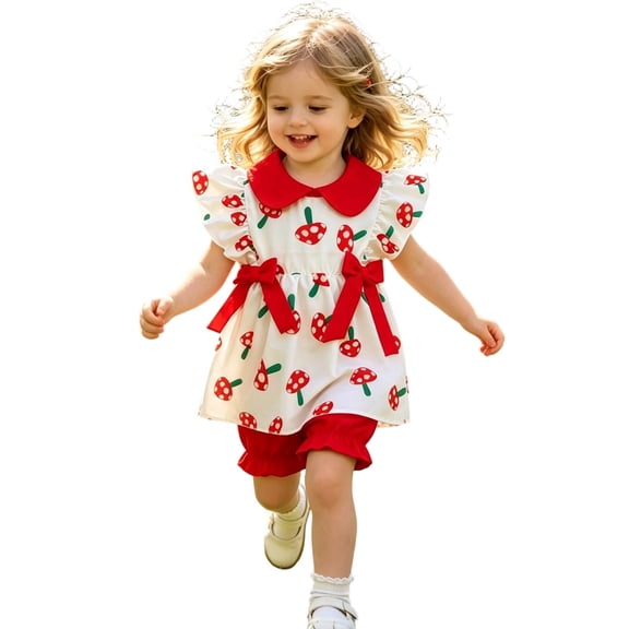 Baby Girl Outfits 2 Piece Ruffle Cartoon Print Lapel Sleeveless Top And Shorts Casual Wear Girls' Clothing Sets 6 Months-12 Months