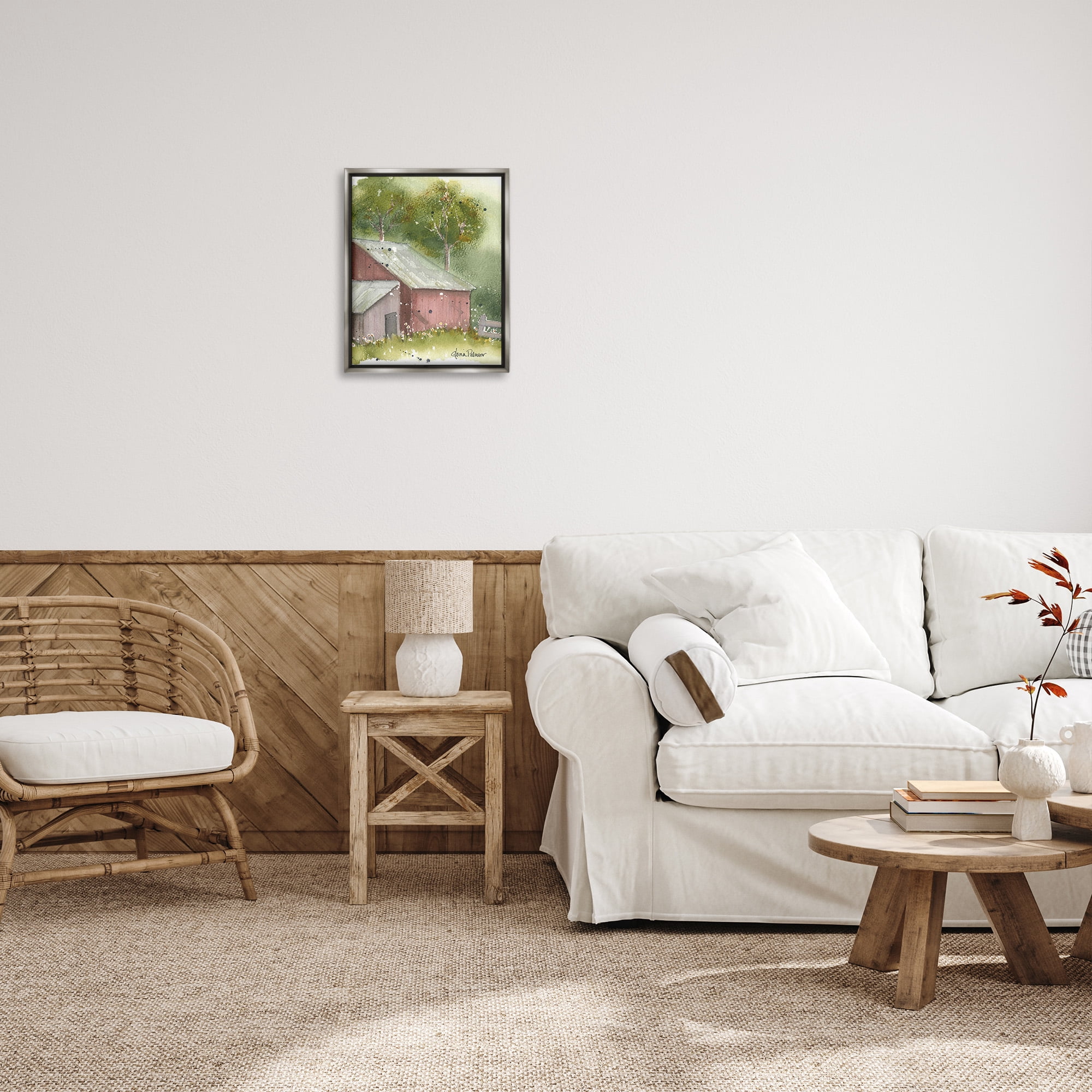 Stupell Industries Barn with Spring Florals Landscape Painting Gray Floater Framed Canvas Art Print Wall Art, 17 x 21
