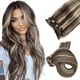 thumbnail image 1 of Extensiones de cabello con clip en cabello humano marrón oscuro con reflejos rubios Extensiones de cabello humano liso Clip en cabello 7 piezas Doble trama 70G Grado 9A Extensiones de cabello Remy con, 1 of 5