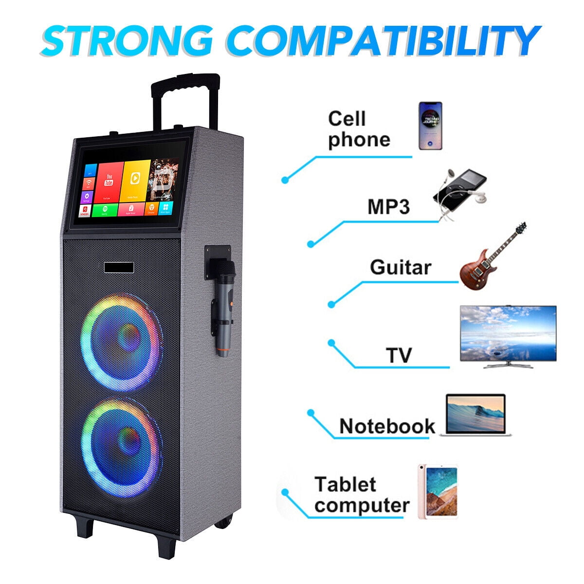 4000W Dual 10" Woofers 14.1'' Touchsreen Karaoke Machine Portable Bluetooth Speaker 2 Wireless Mic