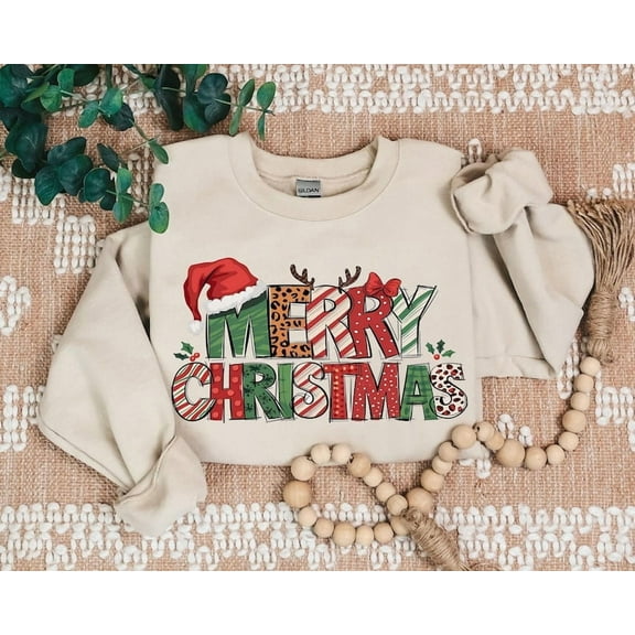 Merry Christmas Faux Glitter Sweatshirt, Cute Winter Sweater, Christmas Shirt Gift for Women, Christmas Crewneck Sweatshirt, Holiday Sweater