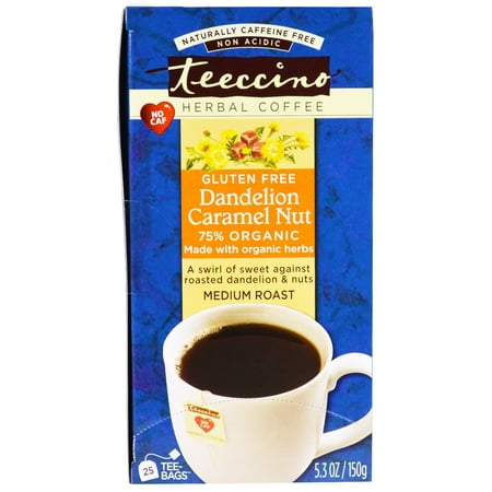 - Teeccino, Herbal Coffee, Medium Roast, Dandelion Caramel Nut, Caffeine Free, 25 Tee-Bags, 5.3 oz (150 g)