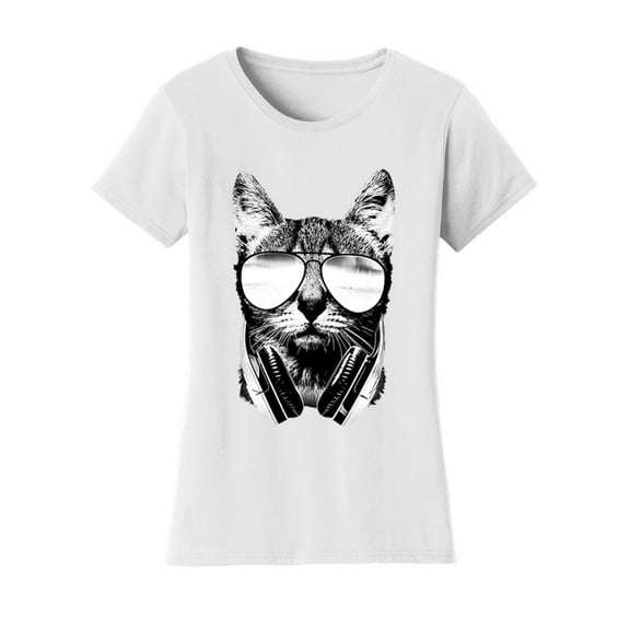 Gravity Trading Womens Cool DJ Cat Solar Color Changing Shirt Sun Tee, White Medium