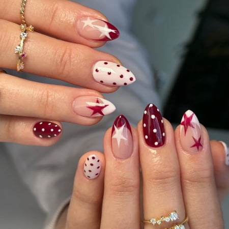 RAGUPEL 24 Pcs Red White Polka Dot Press on Nails, Short Almond Fake Nails with Star Design, Reusable Stick on Manicure