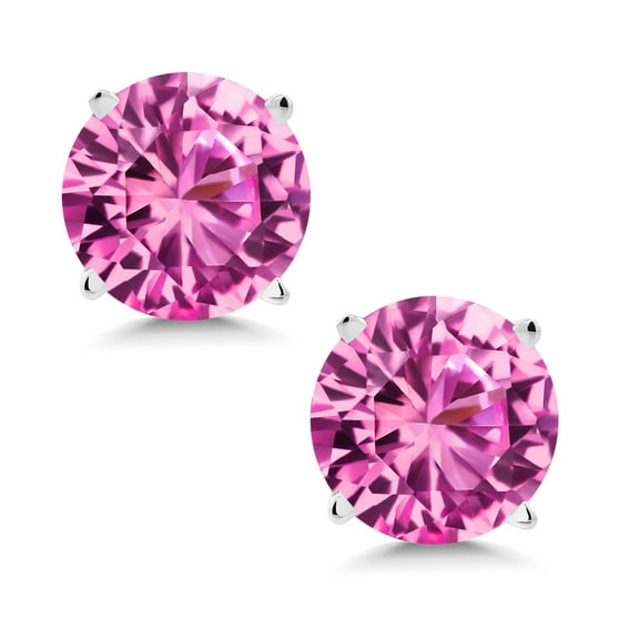 Gem Stone King 14K White Gold Pink Created Sapphire Stud Earrings | 2.00 Cttw | Round 6MM | Gold Earrings for Women Men