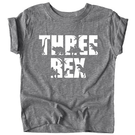 

Bold Three Rex Dinosaurs 3rd Birthday T-Shirts for Baby Girls and Boys Third Birthday Outfit Granite Heather Shirt 4T