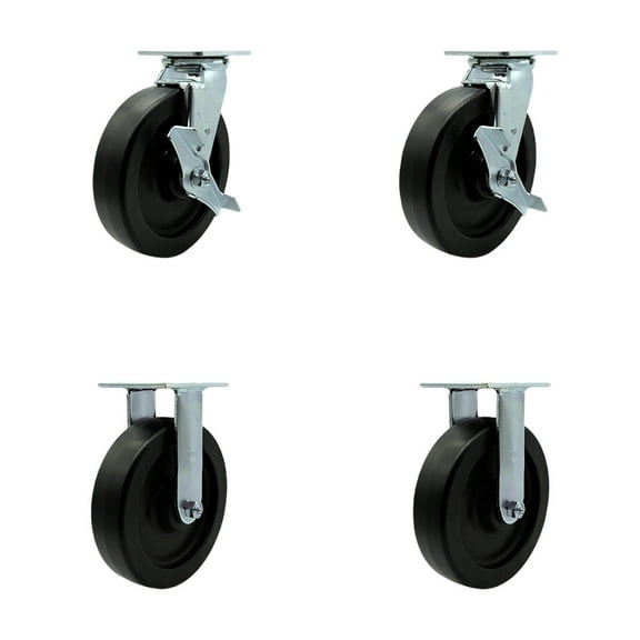 8 Inch Polyolefin Caster Set with Ball Bearings 2 Brakes 2 Rigid Service Caster