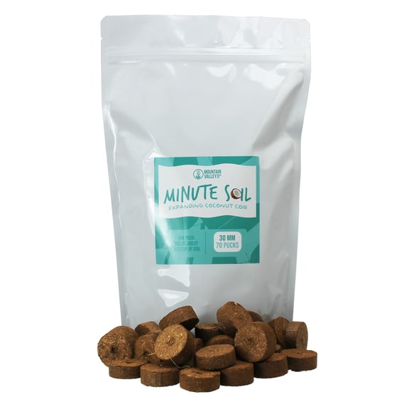 Minute Soil - Compressed Coco Coir Fiber Grow Medium - 30 MM Discs - Bag of 70 = 5.75 Quarts of Potting Soil - Indoor Container Growing: Seed Starts, House Plants, More - Just Add Water - OMRI