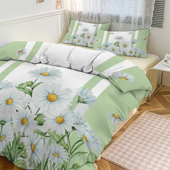 3 Pcs Soft Bedding Set, Includes 1 Duvet Cover with Zipper And 2 Pillow Shams,Pring Flower Watercolor Daisy Twin(86"x70")