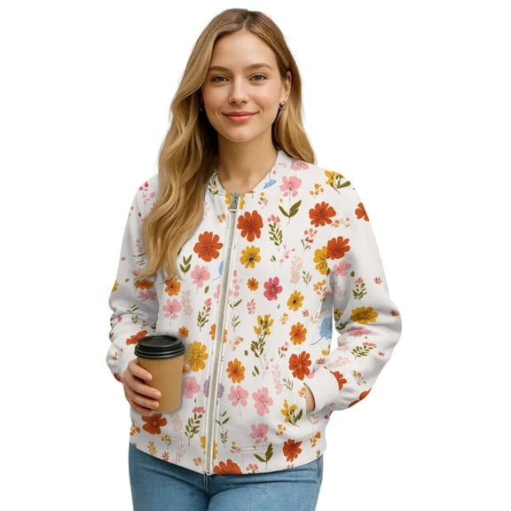 DISNIMO Flower Printed Jackets for Women Zip Up Sweatshirts V Neck Outwear Long Sleeve Jackets for Fall Winter, S