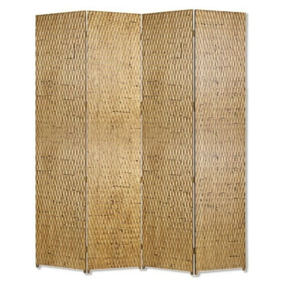 4 Panel Foldable Room Divider with Patterned Wood Panelling, Gold- Saltoro Sherpi