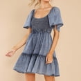 thumbnail image 6 of AXXD 2023 Summer Savings Clearance,High Waist Short Sleeve Elasticity Shirring Loose Dress Denim Short Skirt Summer Skirts For Women Blue 8, 6 of 9