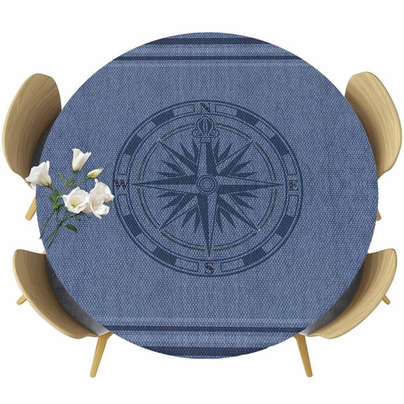 Nautical Compass Table Cloth, Round Fitted Tablecloths with Elastic Edge, Navy Blue Striped Coastal Compass Wipeable Waterproof Table Cover for Kitchen Wedding 36-44 Inches