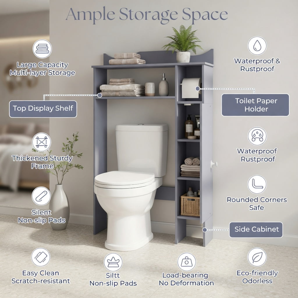 Hommoo Over the Toilet Storage Cabinet with Built-in Toilet Paper Holder Engineered Wood Bathroom Organizer, Gray