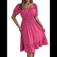 thumbnail image 3 of Vestido Corto Bohemio de Verano para Mujer, con Escote Cuadrado, Mangas Abullonadas, Hombros Descubiertos, Fruncido, Informal, de Corte A, con . Rosa Roja L, 3 of 10
