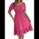 thumbnail image 3 of Vestido Corto Bohemio de Verano para Mujer, con Escote Cuadrado, Mangas Abullonadas, Hombros Descubiertos, Fruncido, Informal, de Corte A, con . Rosa Roja L, 3 of 10
