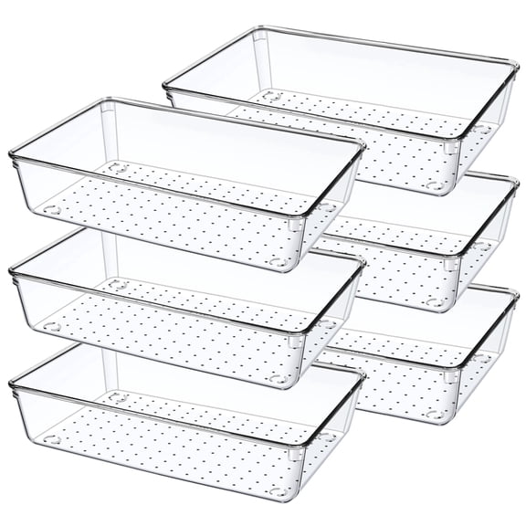 6 PCS Clear Plastic Drawer Organizer Set, Desk Drawer Divider Organizers and Storage Bins for Makeup, Jewelry, Gadgets for Kitchen, Bedroom, Bathroom, Office