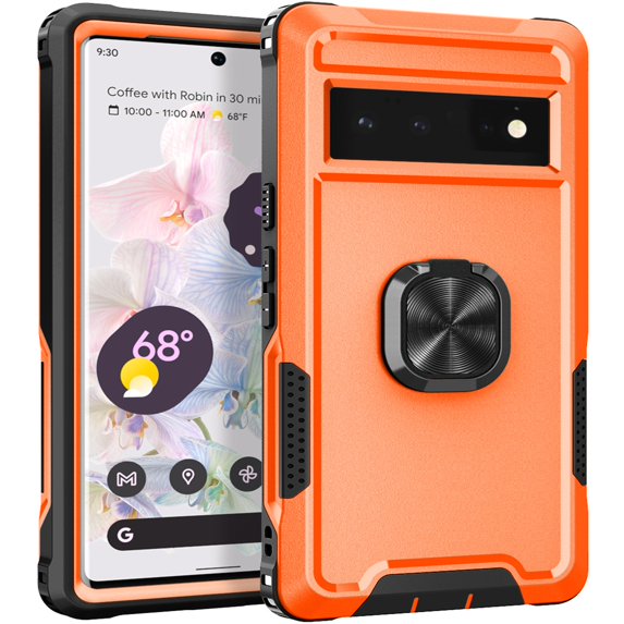 SaniMore for Google Pixel 7 Multi-Functional Case, 3-Layer Protection Magnetic Cover Support Car Mount & 360° Rotatable Metal Ring Kickstand Full Body Shockproof Protective Shell, Orange