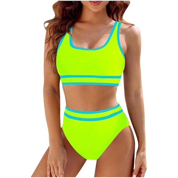 Women'S Bikini Sets Sporty Two Piece Swimsuits Color Block Cheeky High Cut Bathing Suits Fluorescent Green L