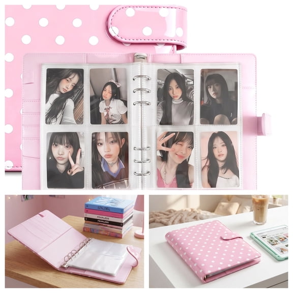 A5 Kpop Photocard Binder - 6 Ring Photo Card Holder with 30 Pocket Pages, PU Leather Cover for 2x3 Inch Album and Trading Cards, Pink