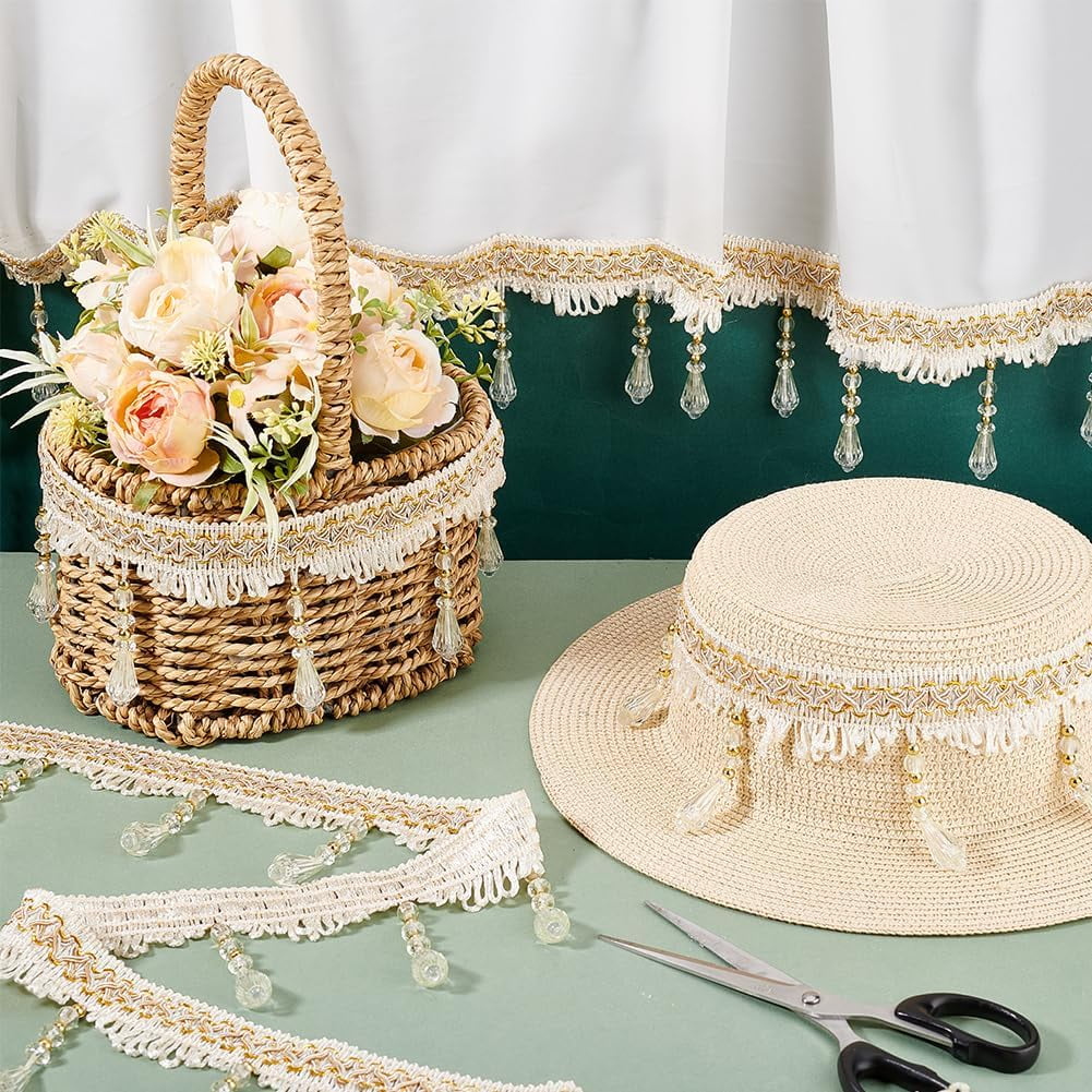 12 Yards Beaded Fringe Trim 3-3/4 inch Sewing Trim Fringe Hanging Tassel Trim Golden Beaded Trim Lace Ribbon for Curtain Tablecloth Home Decor Dress Clothes DIY Crafting