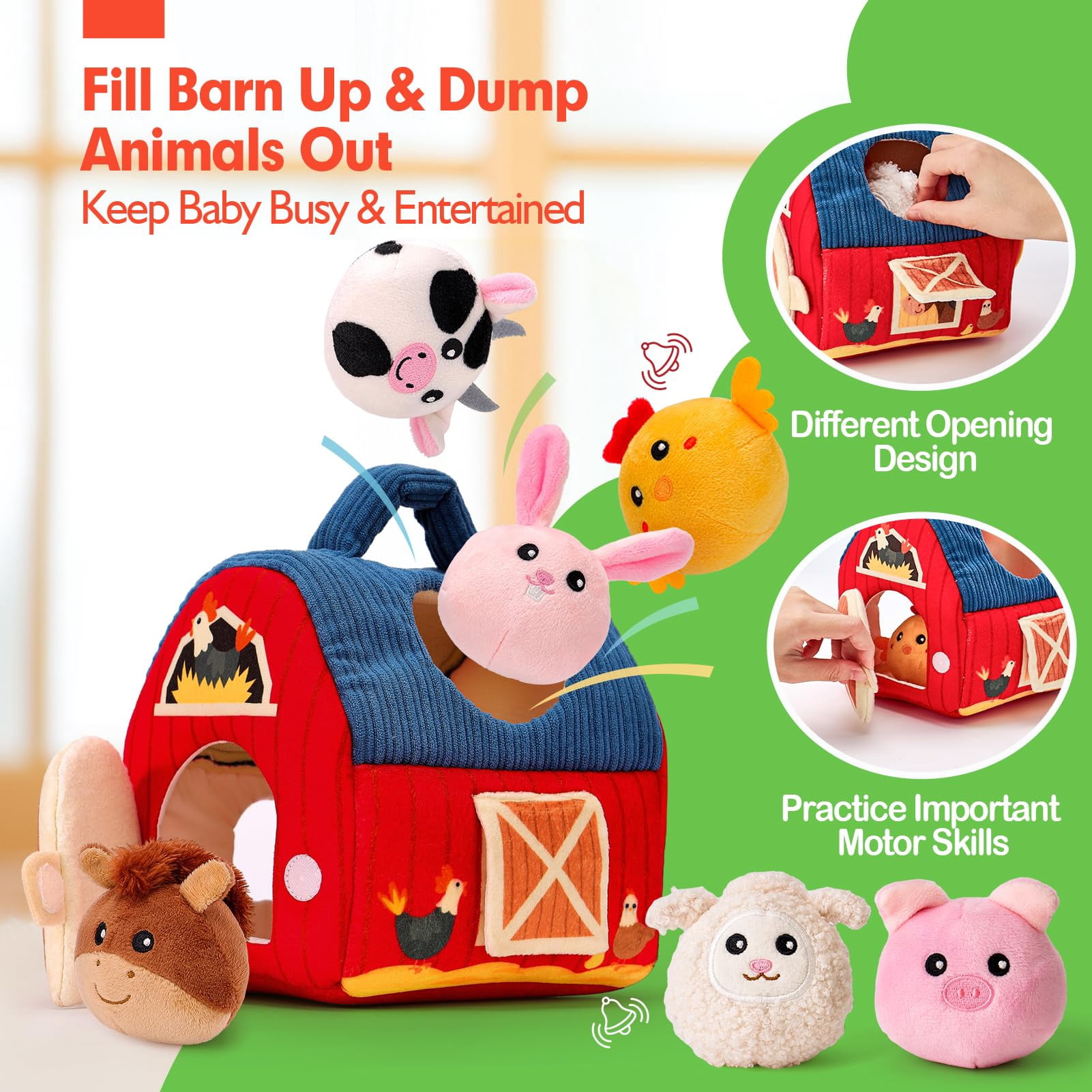 Surprise Barn Stuffed Farm Animals, Rattle, Crinkle, Mirror, Baby Toys 6-12 Months Montessori Toys - for 6 Month Old Sensory Balls 1-3 Plush Baby Valentines Day Gifts Easter Basket Stuffers