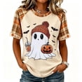 thumbnail image 2 of EANJE Halloween Shirts for Women Cute Ghost Shirt Fall Pumpkin T-Shirt Ghost Pumpkin Graphic Tees Casual Plaid Splice Short Sleeve Tops Beige 3XL, 2 of 5