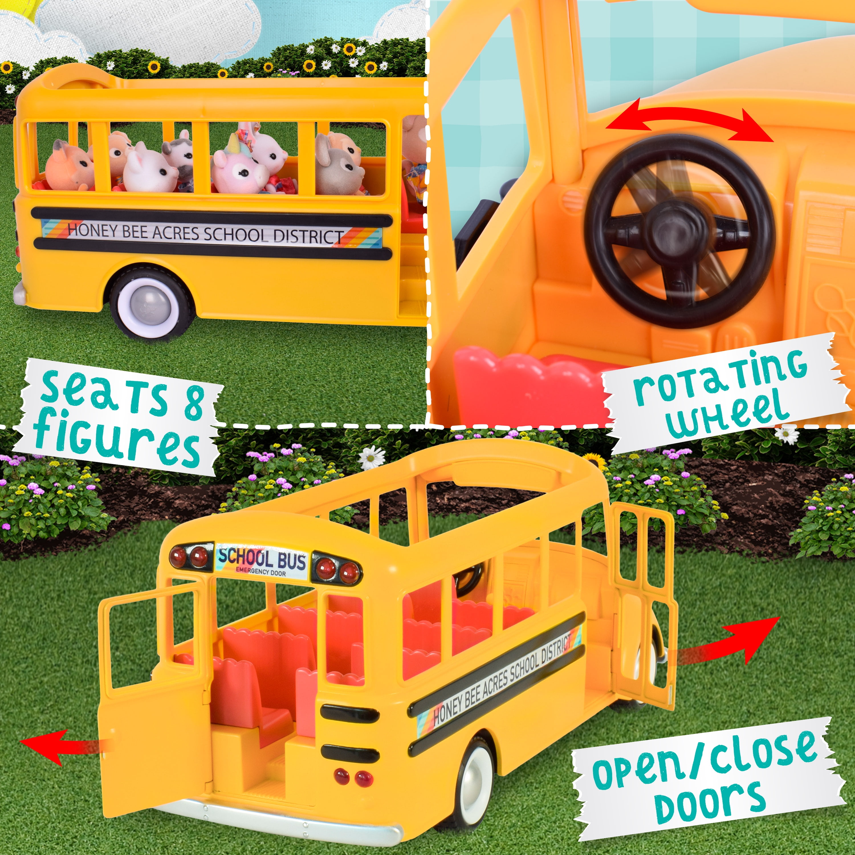 Honey Bee Acres Sunshine School Bus – Vehicle Toy with Lights & Sounds, Opening Doors, and Mouse Figure – Pretend Play Dolls for Kids Ages 3+