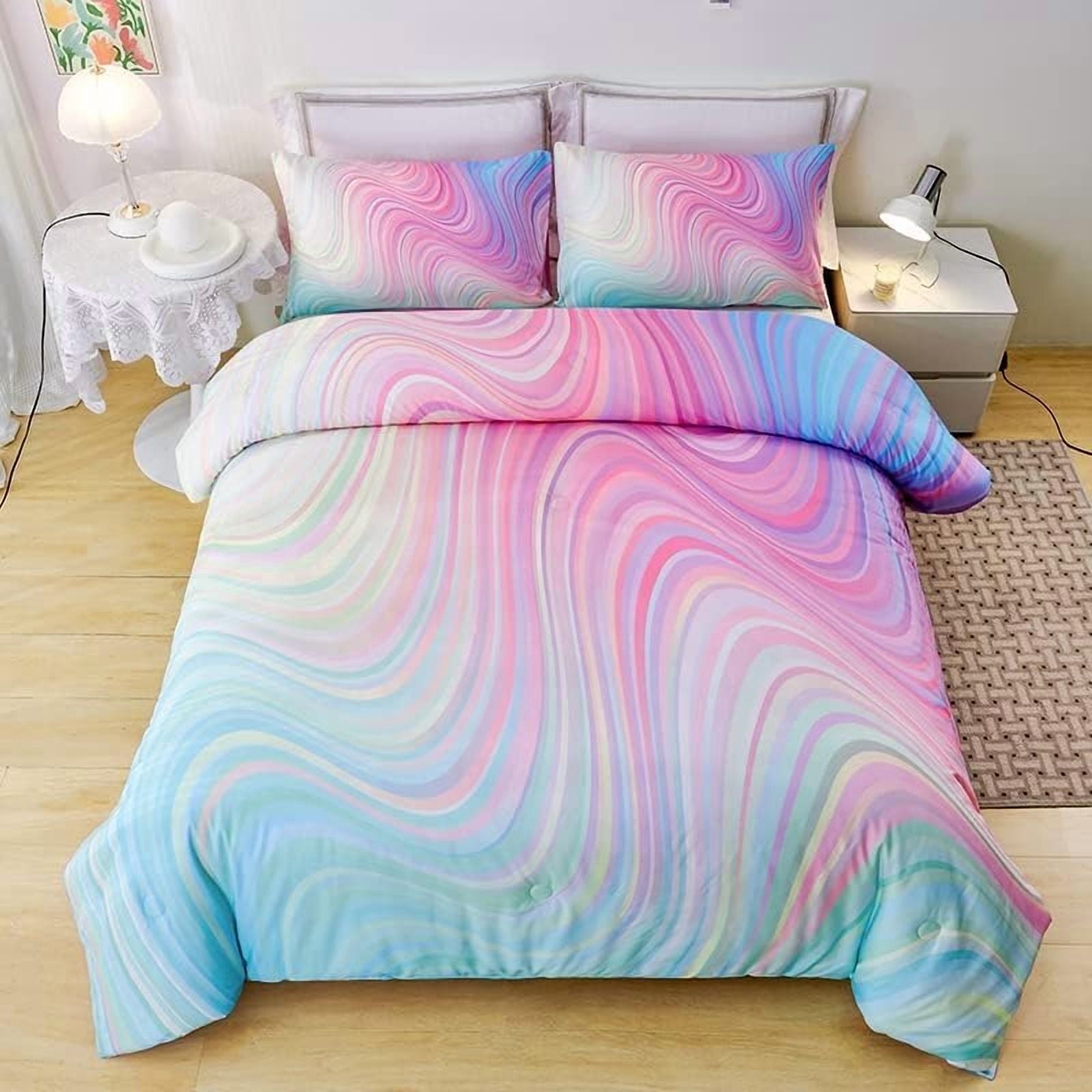 Psoiuetr Pink Tie Dye Gradient Wavy Line Comforter Set Queen Size Rainbow Bedding Set with 2 Pillowcases for Boys Kids Girls Teens 3Pcs