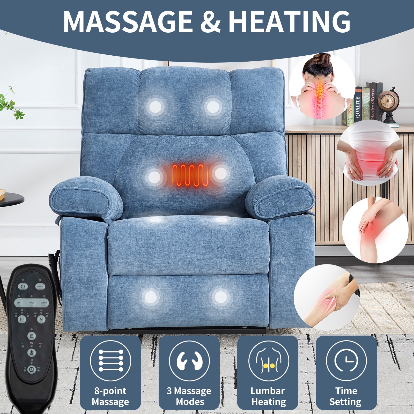 Alvantor Large Power Lift Recliner Chair for Elderly Dual Motor Chenille Electric Recliners Chair with Massage and Heat for Living Room Blue