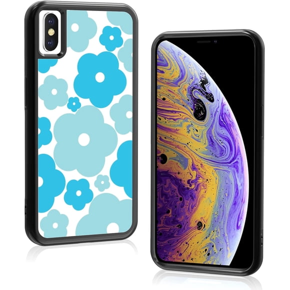 for iPhone X and iPhone Xs Case Cute Kawaii Blue Flower Floral Aesthetic Phone Case for Girls Preppy Women -
