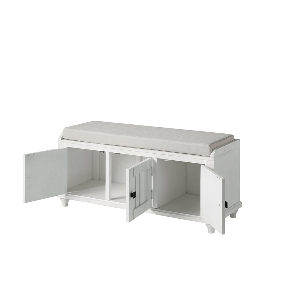 Lowestbest Rustic Shoe Bench, Wood Storage Bench with 2 Cabinets, Removable Cushion for Living Room, Entryway (White) Lowestbest Rustic Shoe Bench, Wood Storage Bench with 2 Cabinets, Removable Cushion for Living Room, Entryway (White)