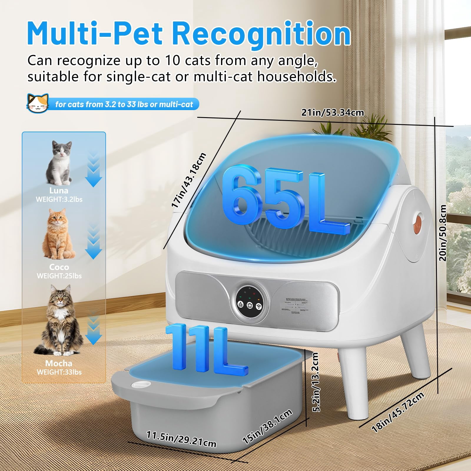 SUW Self Cleaning Cat Litter Box, Open-Top Automatic Litter Box for Multiple Cats, Large Capacity Robot, APP Control, Safety Protection, 2 Rolls Litter  Liners Bag, 1 Odor Eliminator