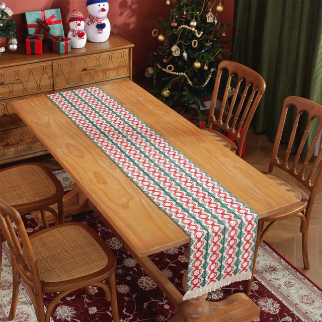 Christmas Table Runner Woven Two Color Stitching Tassel Festival Home Decoration Long Tablecloth