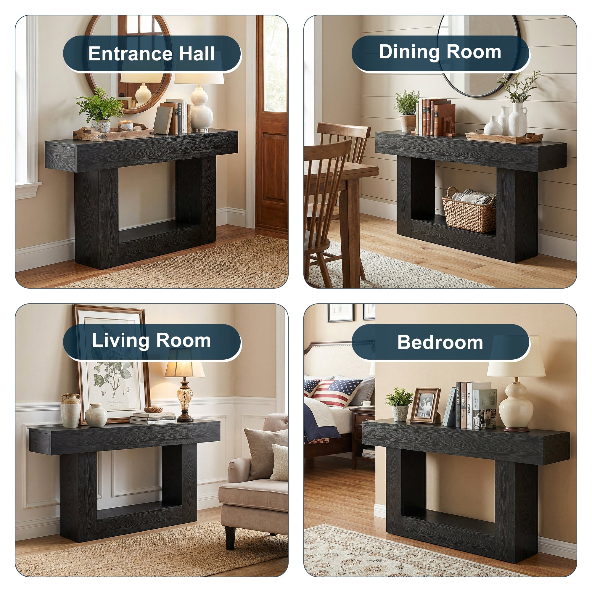 Demi Bonn 63" Wood Console Table, Farmhouse 2-Tier Sofa Table Entryway Table, Foyer Display Table, Black