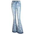 thumbnail image 2 of YDFCWXW Womens Floral Daisy Embroidered Mid Rise Bell Bottom Flare Frayed Hem Jeans Light Blue, 3XL, 2 of 9