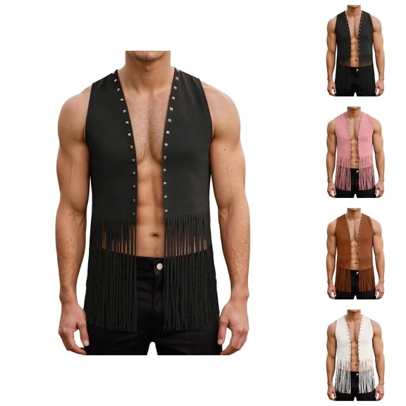 Western Cowboy Vest Men 70s Hippie Suede Tassel Fringe Vest Open Front Cardigan Jacket Outerwear