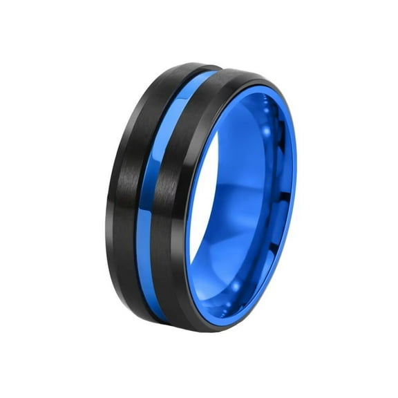 PAURO Men's Stainless Steel Rotatable Matte Brushed 8mm Wedding Band Ring Blue Centre Groove Polished Edge Black Size 8