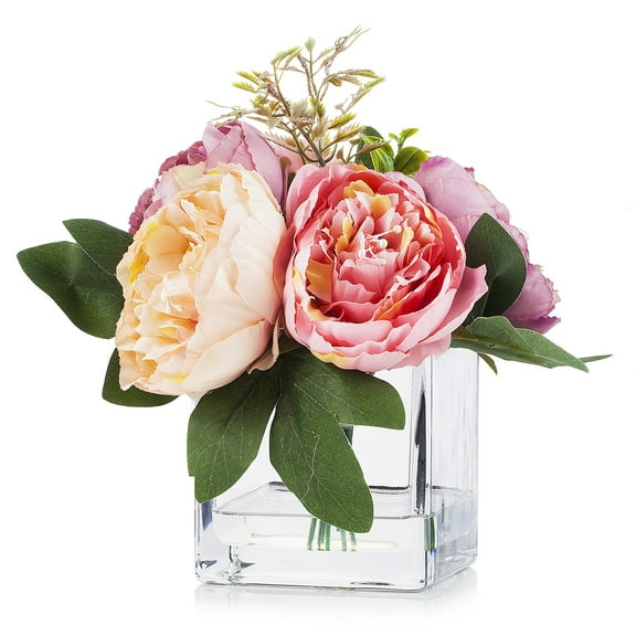 Enova Home Artificial Silk Peony Flowers Arrangement in Clear Glass Vase With Faux Water For Home Garden Decoration