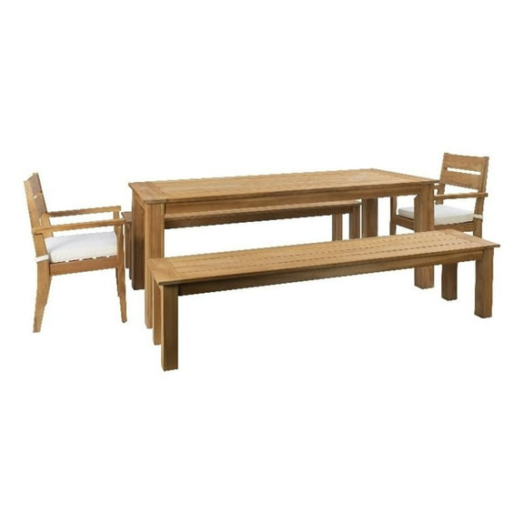 Linon Barlow 7Pc Set Teak Outdoor Table and 6 Chairs with Cushions in Natural