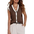 thumbnail image 3 of Sleeveless V Neck Womens Button Down Cap Sleeve Sweater Vest Color Block Knit Tank Tops, 3 of 6