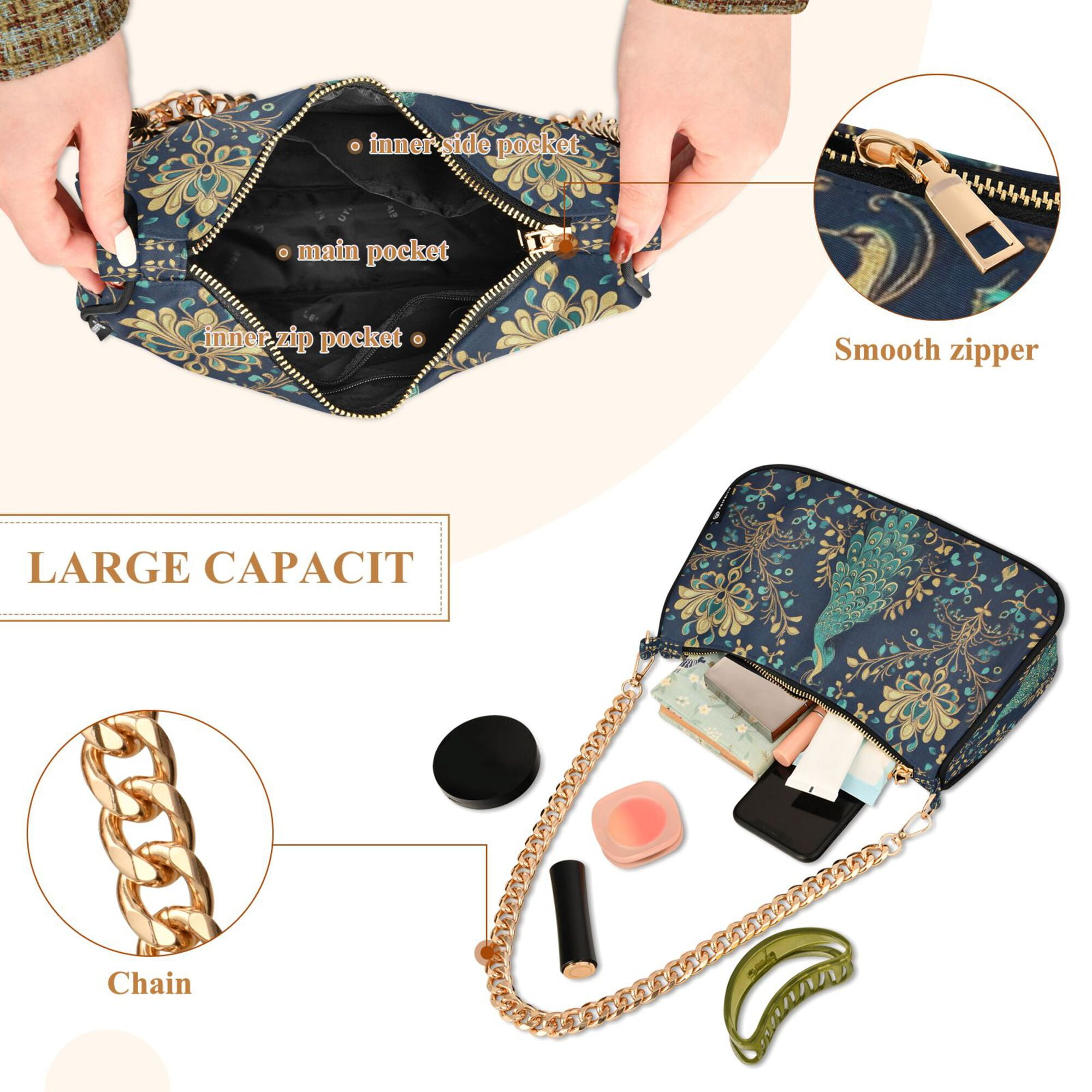 FORMRS Womens Shoulder Bag with Chain Strap Clutch Purse Cute Tote Handbag, Navy Blue Peacock Pattern