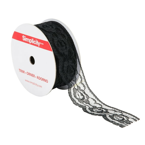 Simplicity Trim, Black 1 1/4 inch Rose Lace Trim Great for Apparel, Home Decorating, and Crafts, 3 Yards, 1 Each