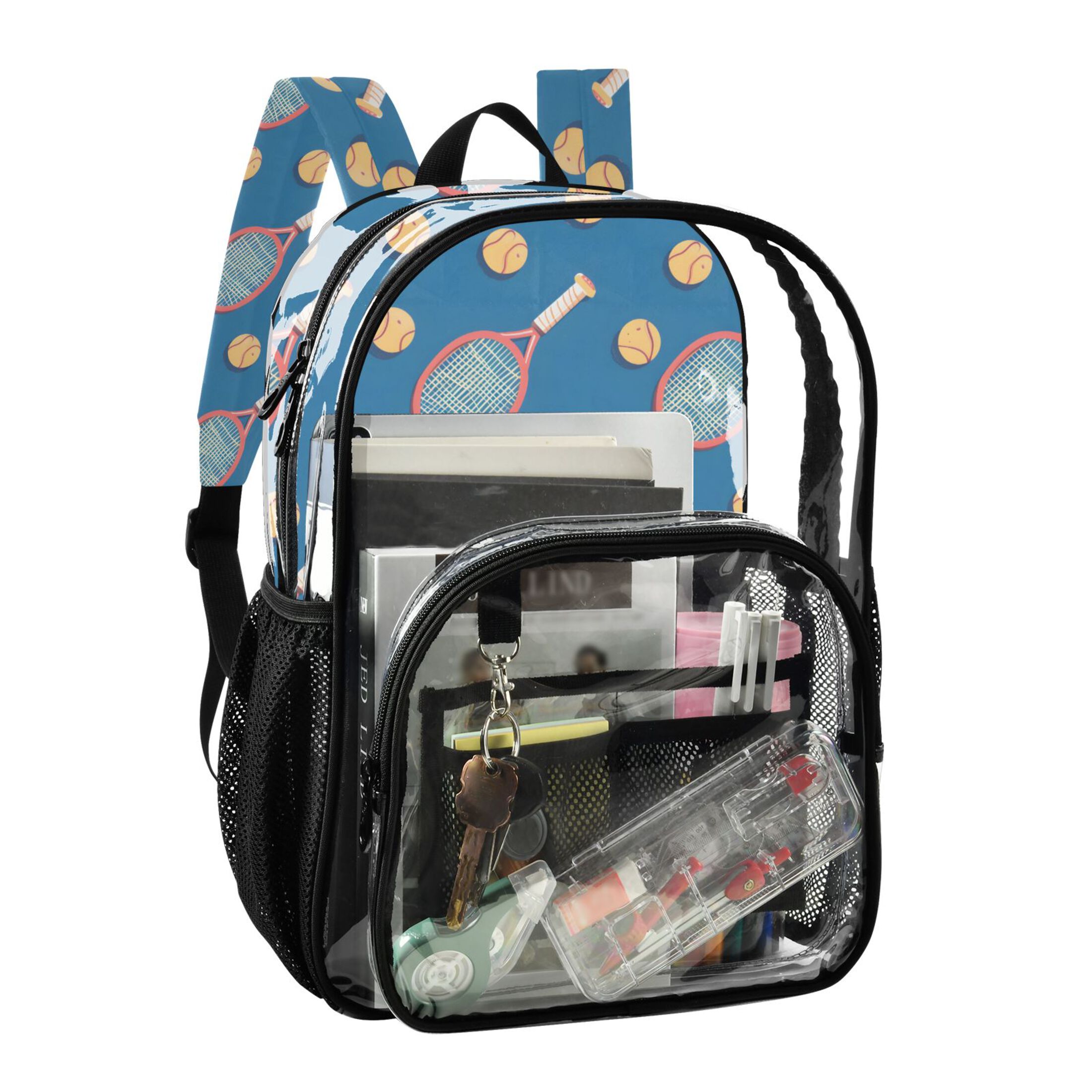 ALAZA Clear Backpack Tennis Racket Balls on Blue PVC Transparent BookBag