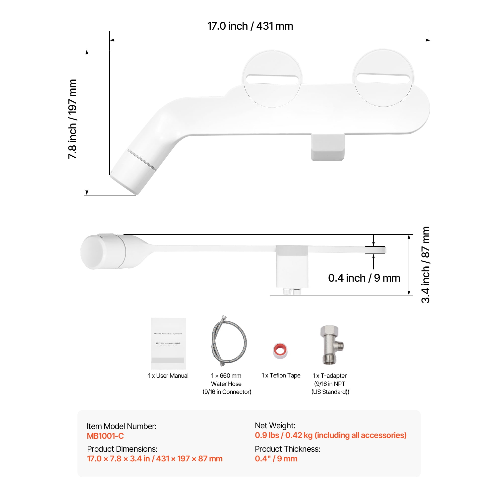 KFFKFF Non-Electric Bidet Attachment for Toilet, Dual Nozzles with Adjustable Water Pressure, Stainless Steel Inlet, Suitable for Rear and Feminine Cleaning, White